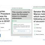 Three quiz questions about global events from 2016, each with multiple-choice answers.