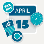 Calendar with April 15 marked, surrounded by a clock, tax document, coffee, and 