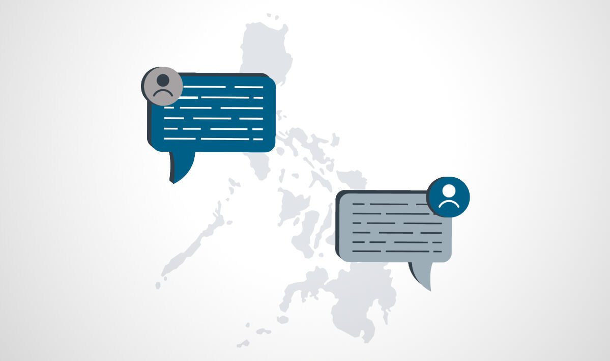 Speech bubbles with user icons over a map of the Philippines.