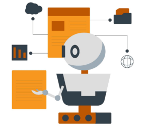 Robot analyzing documents and data, with connections to charts, cloud storage, and a globe, symbolizing technology integration.