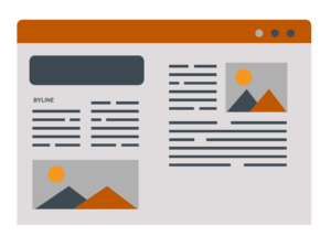 Web layout with header, text blocks, and two image placeholders featuring mountains and sun icons. Bold top bar in orange.