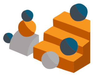 Colorful spheres and geometric shapes arranged on orange steps and a gray arch, creating an abstract composition.