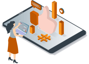 Woman with laptop analyzes social media data on a large tablet, featuring thumbs-up, hashtag, and heart icons.