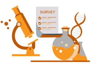 Microscope, survey checklist, DNA helix, and lab flasks with orange accents, symbolizing scientific research and analysis.