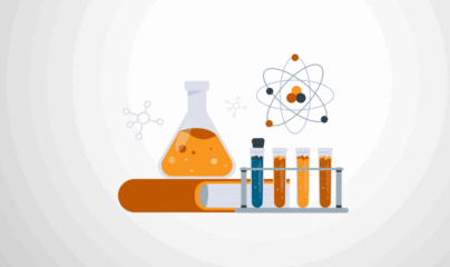 Beaker, test tubes with colored liquids, molecule and atom illustrations, and an orange book.